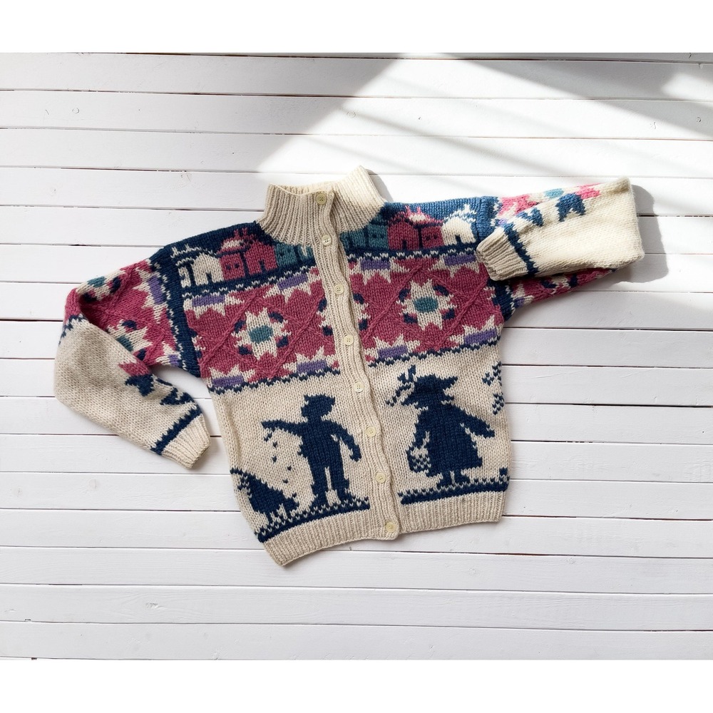 vtg Woolrich cream pink‎ wool country chicken farm hand knit cardigan sweater